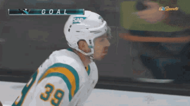 a hockey player with the number 39 on his jersey stands on the ice