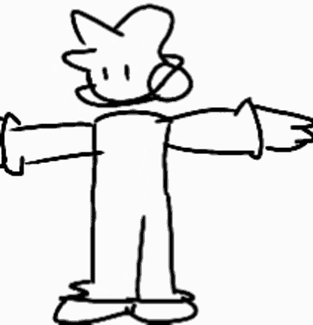 a black and white drawing of a cartoon character with arms outstretched .