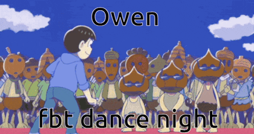 a man in a blue shirt is standing in front of a crowd of cartoon characters and the words owen fbt dance night