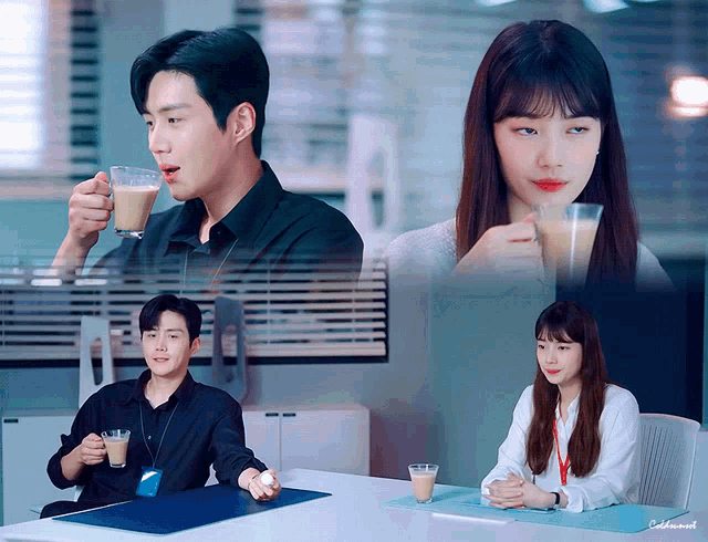 a man and a woman are sitting at a table drinking from glasses with a caption that says catherine