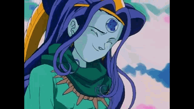 a close up of a cartoon character with long blue hair and a hat .