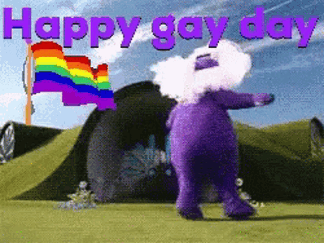 a purple teddy bear stands in front of a tent with a rainbow flag and the words " happy gay day "