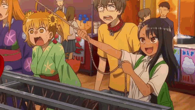a group of anime characters are at a carnival and one girl is wearing a sunflower in her hair
