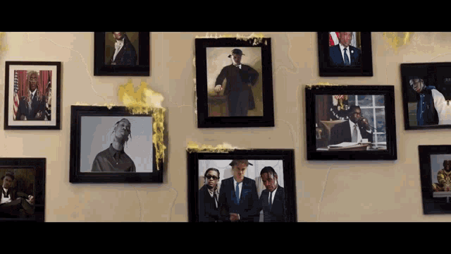 a collage of framed pictures including one of a man in a suit and tie