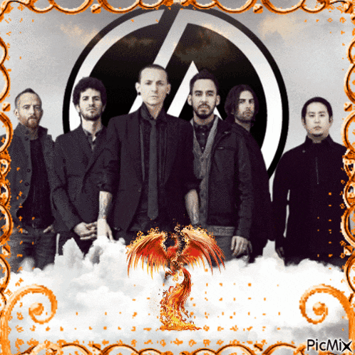 a group of men standing next to each other with a picture of a phoenix in the background