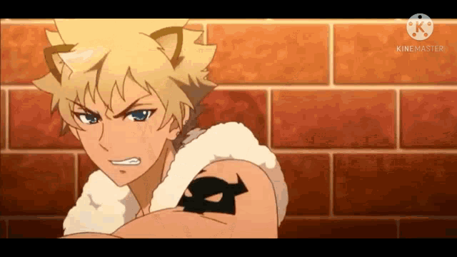 a cartoon character with a cat ear and a tattoo on his arm is standing in front of a brick wall .