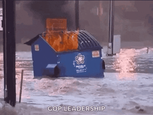 a dumpster is on fire in the water and says gop leadership on the bottom