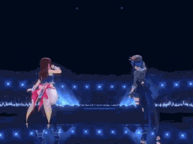 two anime girls are dancing on a stage with blue lights behind them