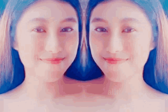 a woman 's face is reflected in a mirror and the word all that is on the bottom left