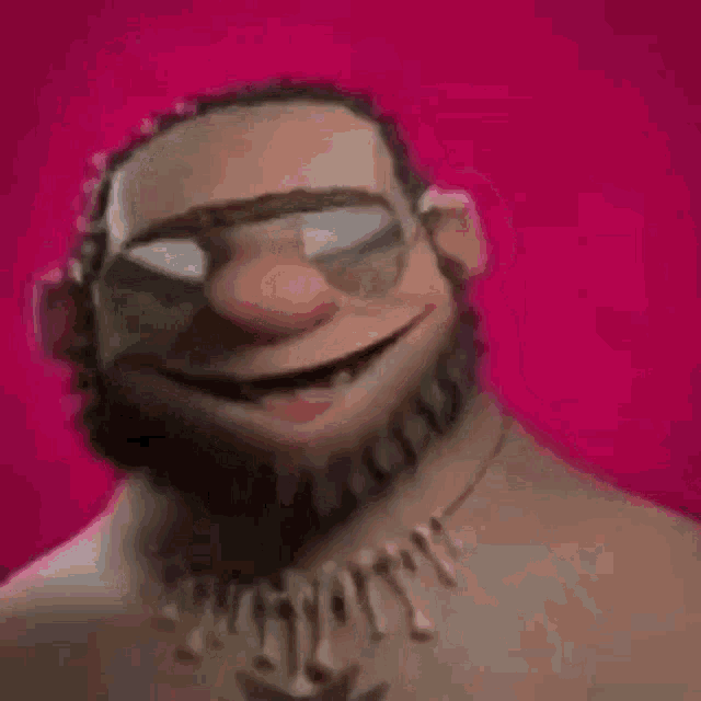 a cartoon character with a beard and glasses is making a funny face .