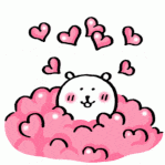 a cartoon of a bear laying in a pile of pink hearts