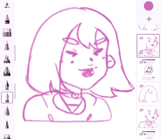 a drawing of a woman with a purple circle in the middle