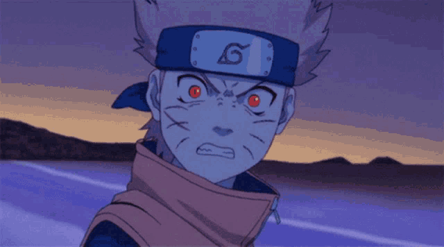 a close up of a cartoon character with red eyes and a headband with the letter g on it