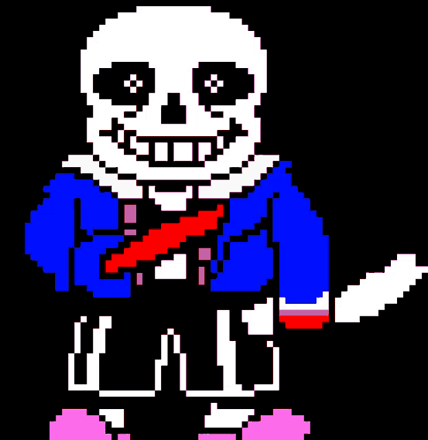a pixel art of sans from undertale holding a knife
