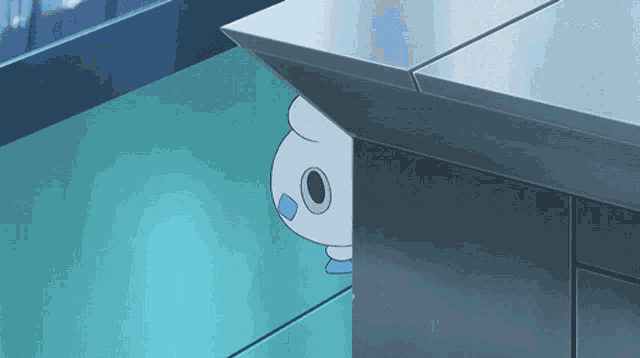 a cartoon character peeking out from behind a table with tokyo 5 on the bottom