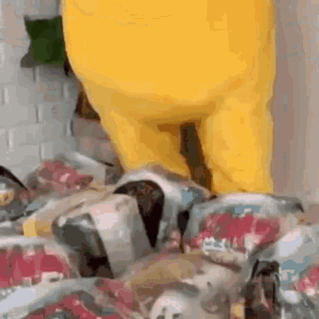 a yellow stuffed animal is standing on top of a pile of food bags .