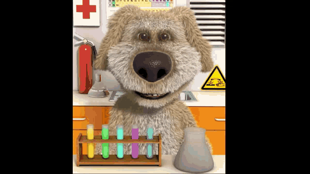 a cartoon dog is standing next to a test tube rack with colored liquids in it