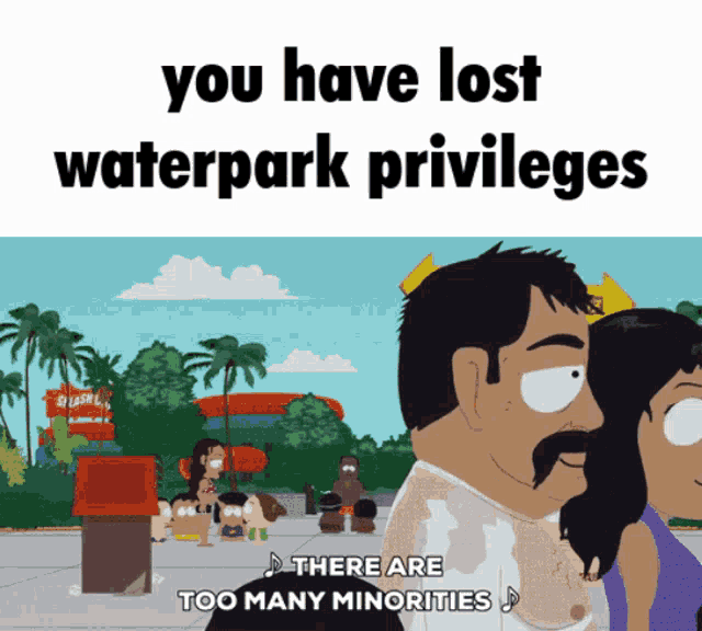a cartoon of a man with a crown on his head says you have lost waterpark privileges there are too many minorities