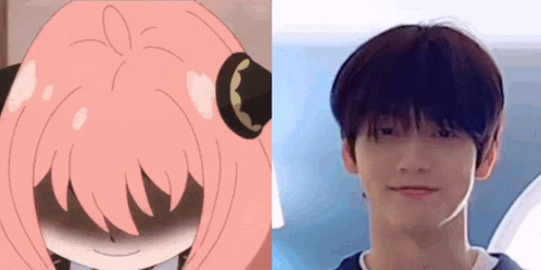 a cartoon character with pink hair is next to a picture of a man with black hair .