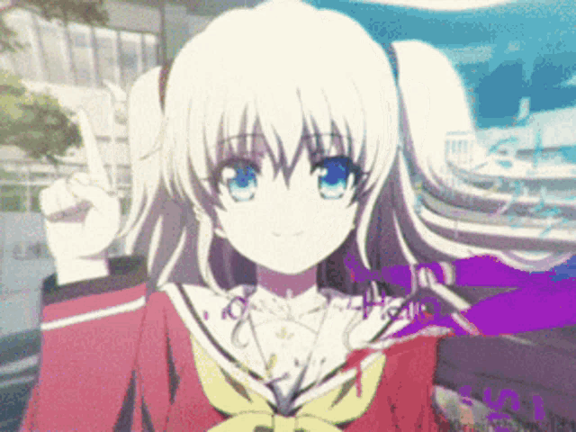 a girl with blonde hair and blue eyes is wearing a red school uniform