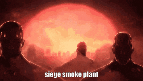 a group of people are standing in front of a large red sun and the words siege smoke plant are visible