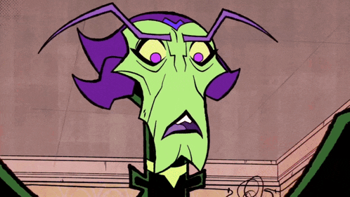 a green cartoon character with purple hair and a purple eye