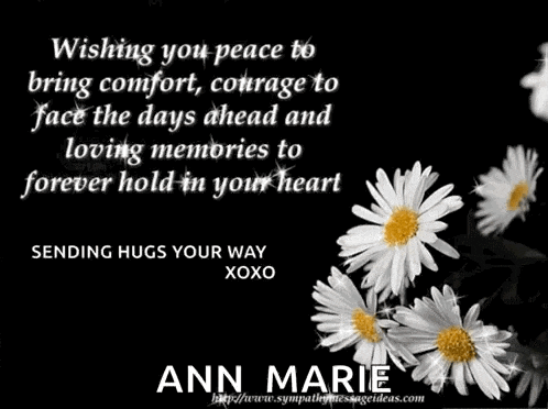 a greeting card for ann marie with daisies on a black background