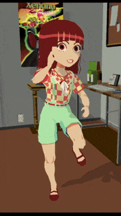 a cartoon girl is standing in front of a poster that says xenoverse