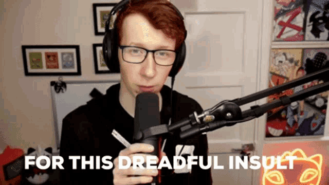 a man wearing headphones and glasses holds a microphone and says " for this dreadful insult "