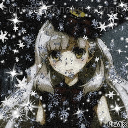 a girl in a top hat is surrounded by snowflakes and stars .