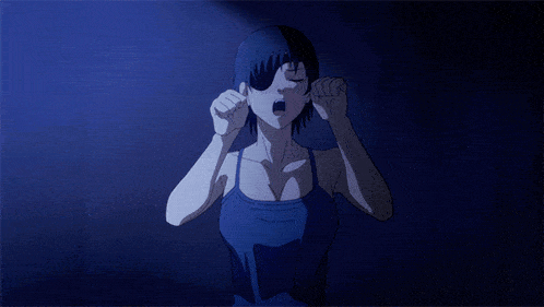 a woman in a blue tank top is pointing up