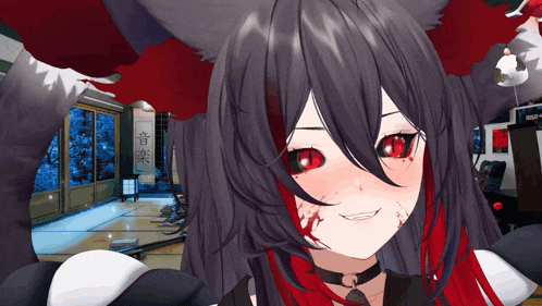 a girl with red eyes and black hair is smiling