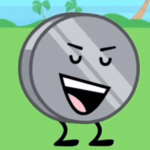 a cartoon drawing of a coin with a smiling face