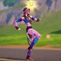 a woman in a purple outfit is dancing with a smiley face in the background