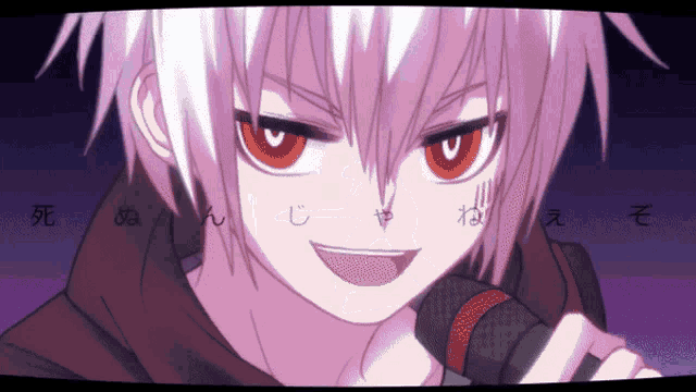 a cartoon character with white hair and red eyes holds a microphone