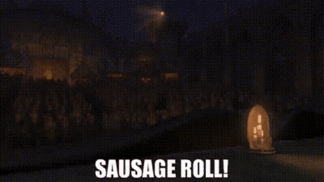a polar bear is jumping in the air with the words `` sausage roll '' written on the bottom .