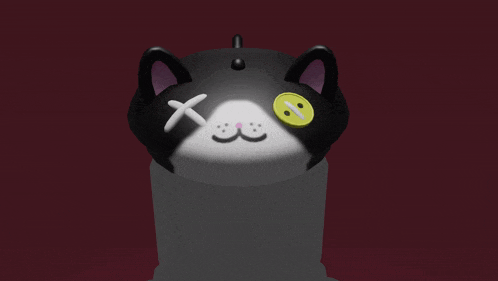 a black and white cat with a smiley face and a cross on its eyes