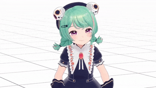 a girl with green hair is wearing a frog hat and gloves