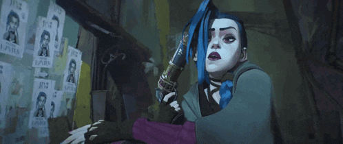 a woman with blue hair is holding a sword and the word doow is written on the wall behind her