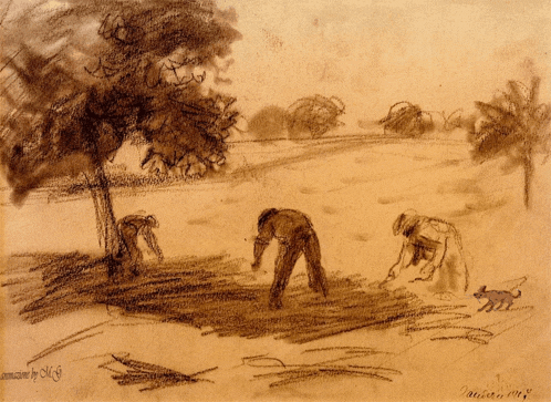 a drawing of three people in a field is signed by mcg