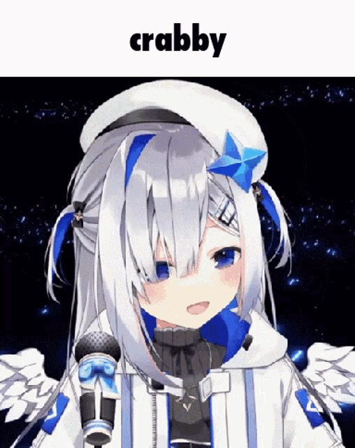 a girl with a microphone and the word crabby on the bottom