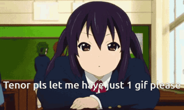 a girl with purple hair is sitting at a desk with the words " tenor pls let me have just 1 gif please "
