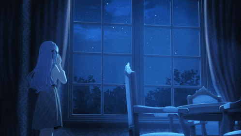 a girl stands in front of a window at night