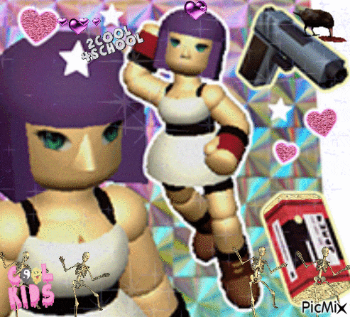 a girl with purple hair and a shirt that says kids