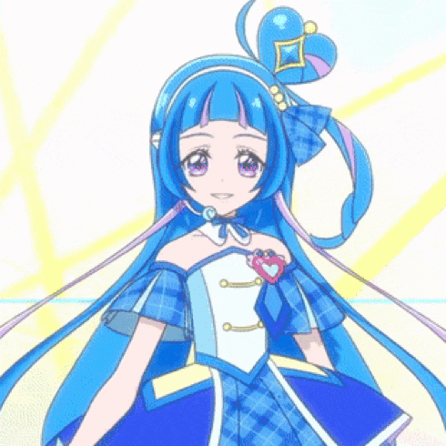 a girl with blue hair is wearing a blue dress and giving a thumbs up sign