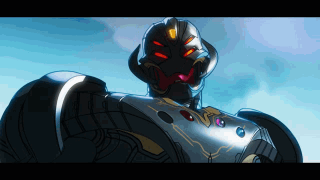 a cartoon drawing of a robot with a blue sky behind it