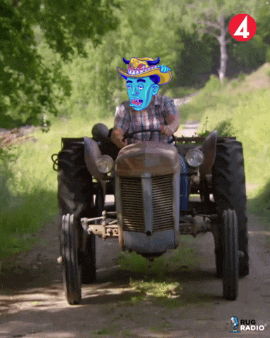 a man is driving a tractor on a dirt road with the number 4 on the bottom right