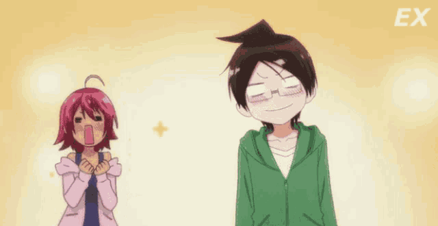 a boy in a green jacket is standing next to a girl with red hair and the word ex on the bottom