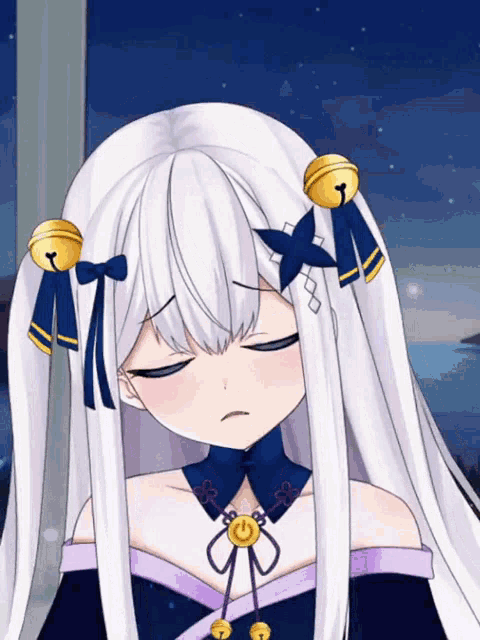 a girl with white hair and bells in her hair looks sad