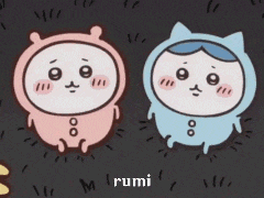two cartoon characters named rumi are standing next to each other on a dark background